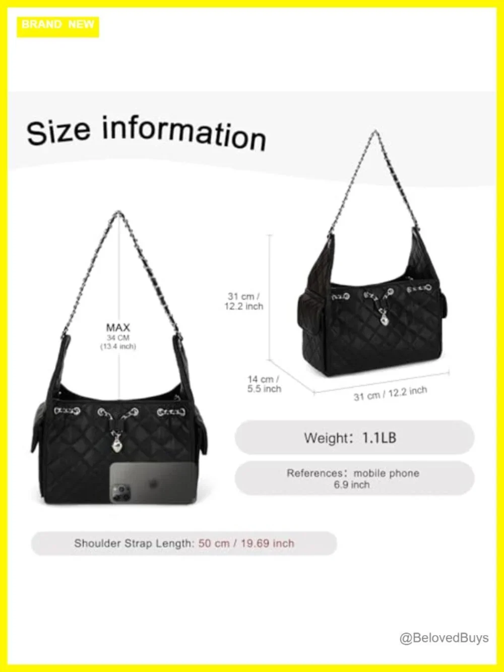 Quilted Vegan Leather Shoulder Bag Hobo Purse Chain Strap Large